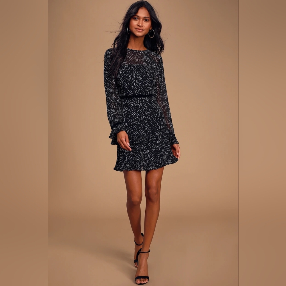 Lulu's Floral to See Black Polka Dot Long Sleeve Mini Dress - new